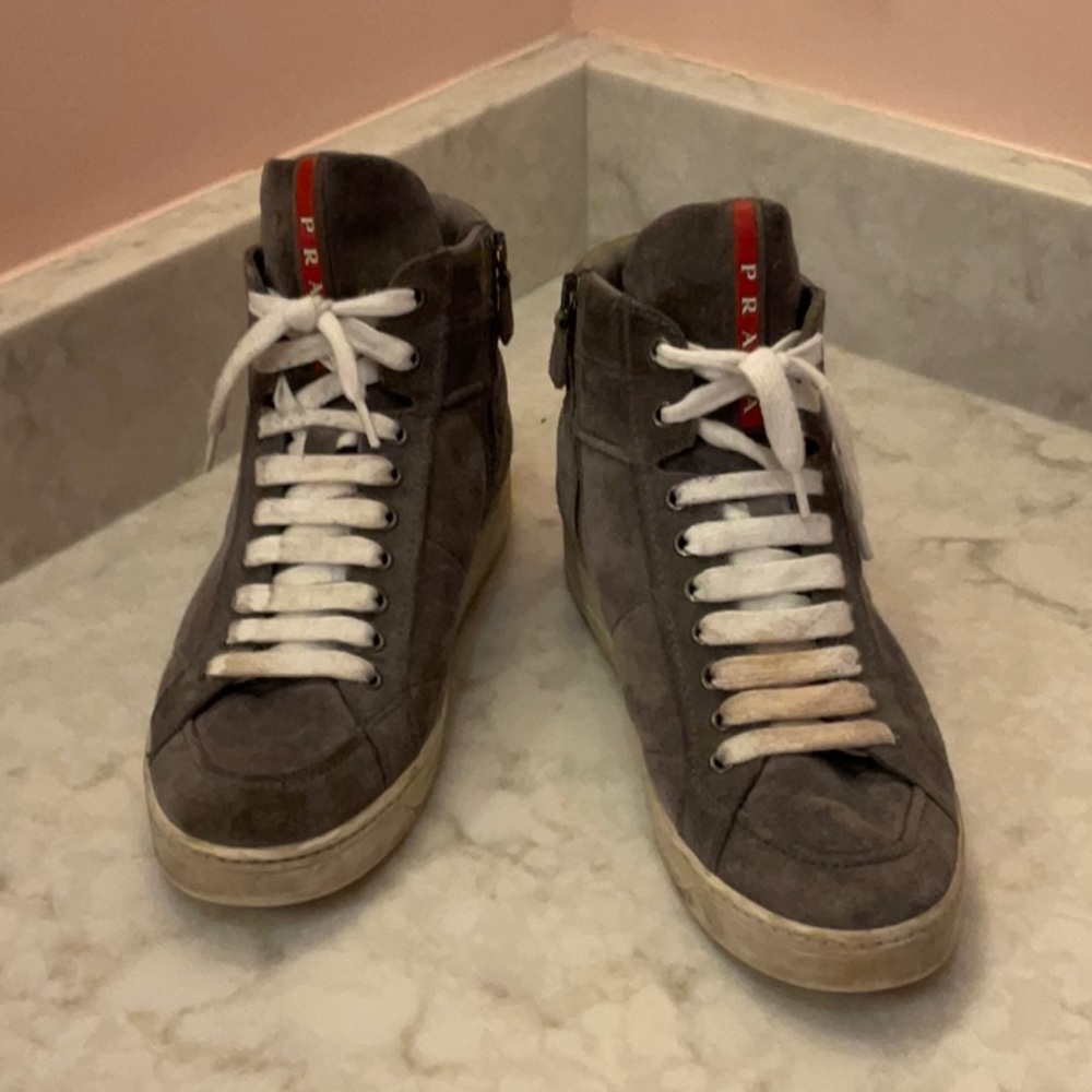 Prada Gray Sneakers High-Top Suede with White Laces